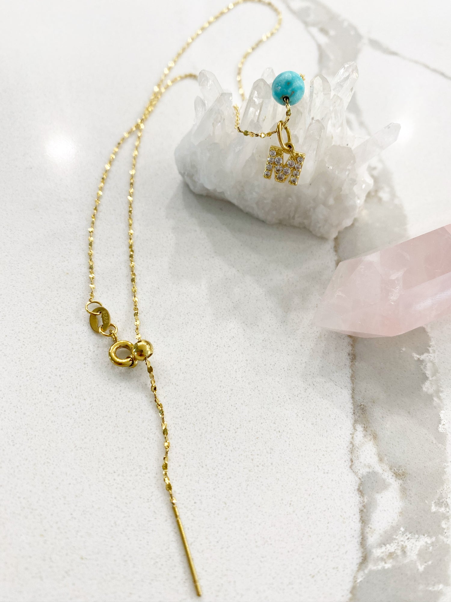 Cubic zirconium Initial necklace with turquoise stone