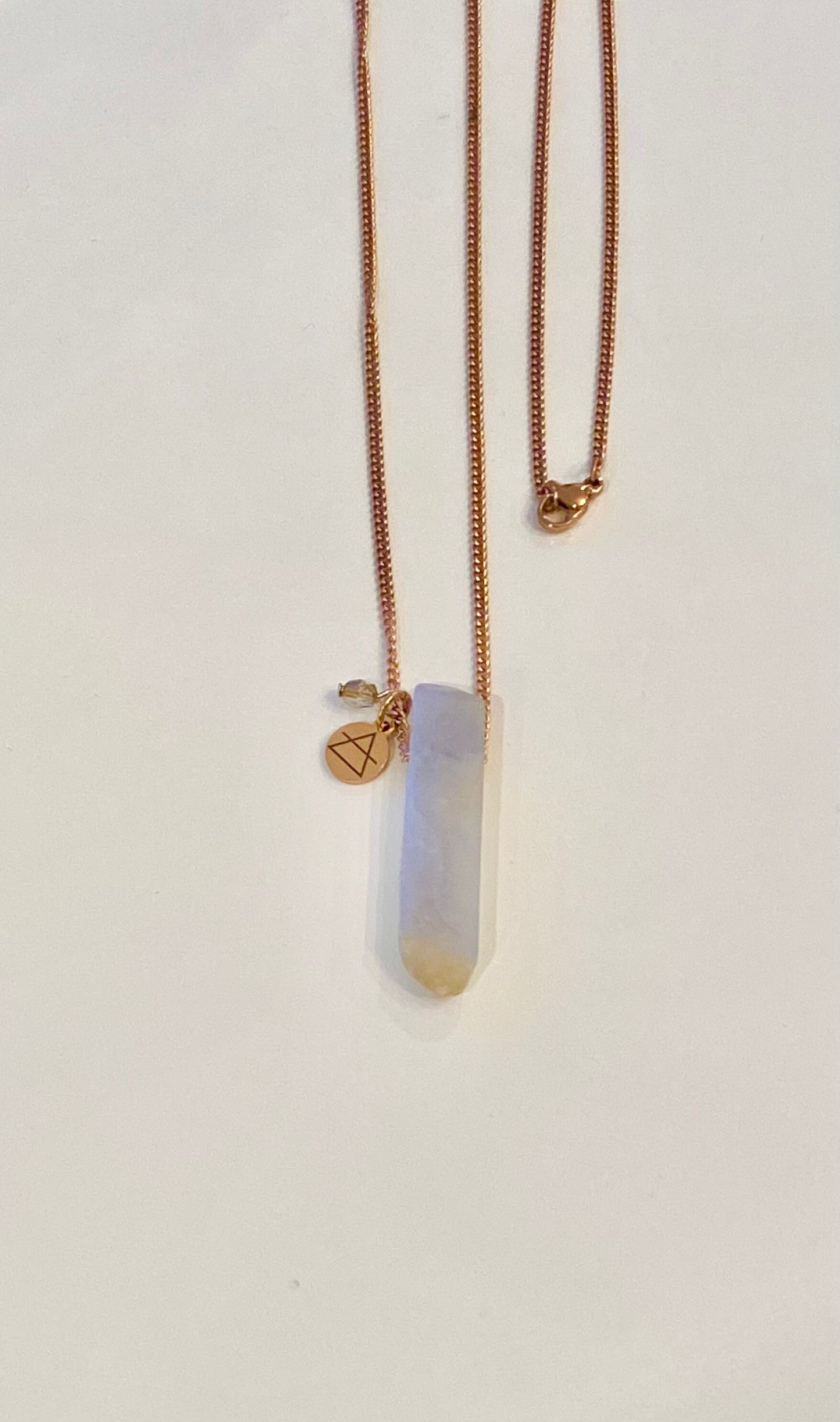 Long rose gold natural stone pendant necklace, crystal necklace, blue lace agate, stainless, natural stone, pendant necklace, healing