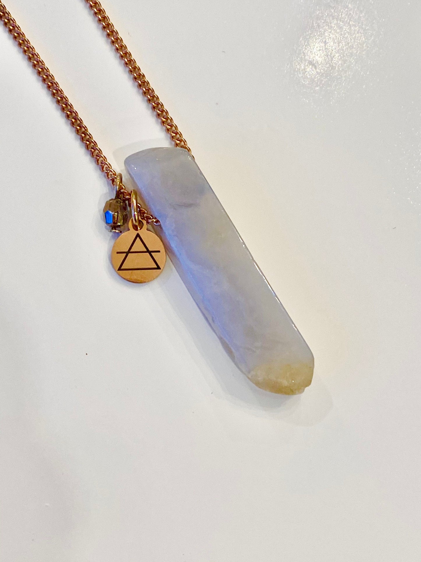 Long rose gold natural stone pendant necklace, crystal necklace, blue lace agate, stainless, natural stone, pendant necklace, healing