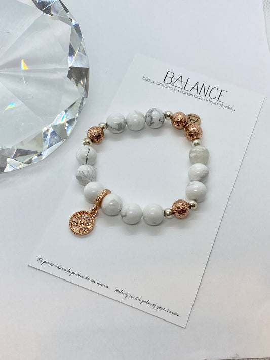 Natural stone Beaded bracelet, rose gold, Howlite, lava stone, tree of life, healing bracelet, energy bracelet, zen,