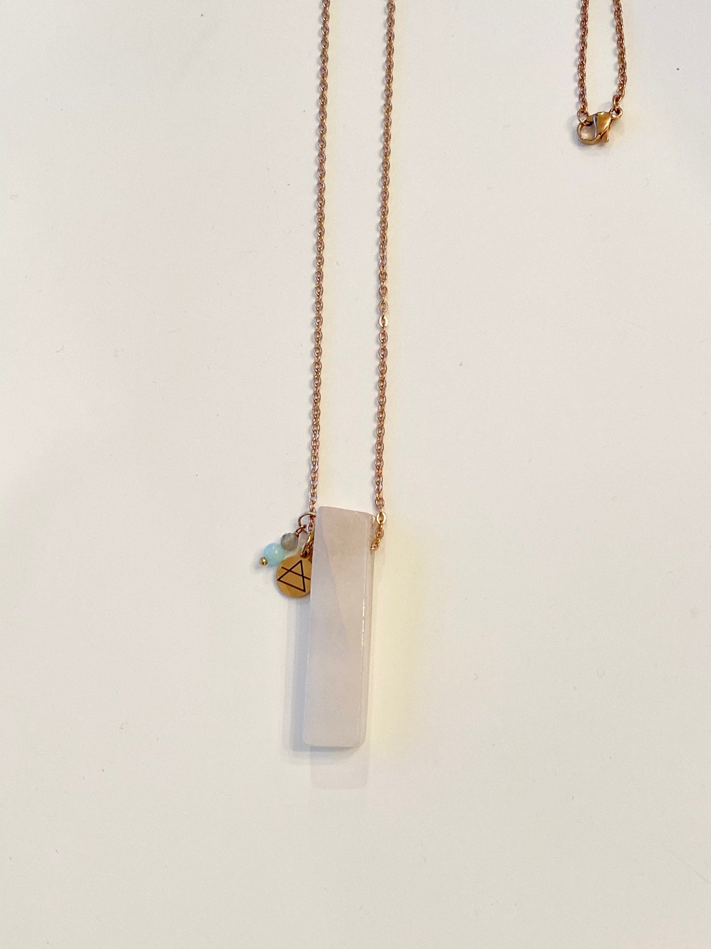 Long rose gold necklace, Natural stone crystal necklace, pink aventurine, raw stone, rectangular chip, semiprecious stone, healing energy