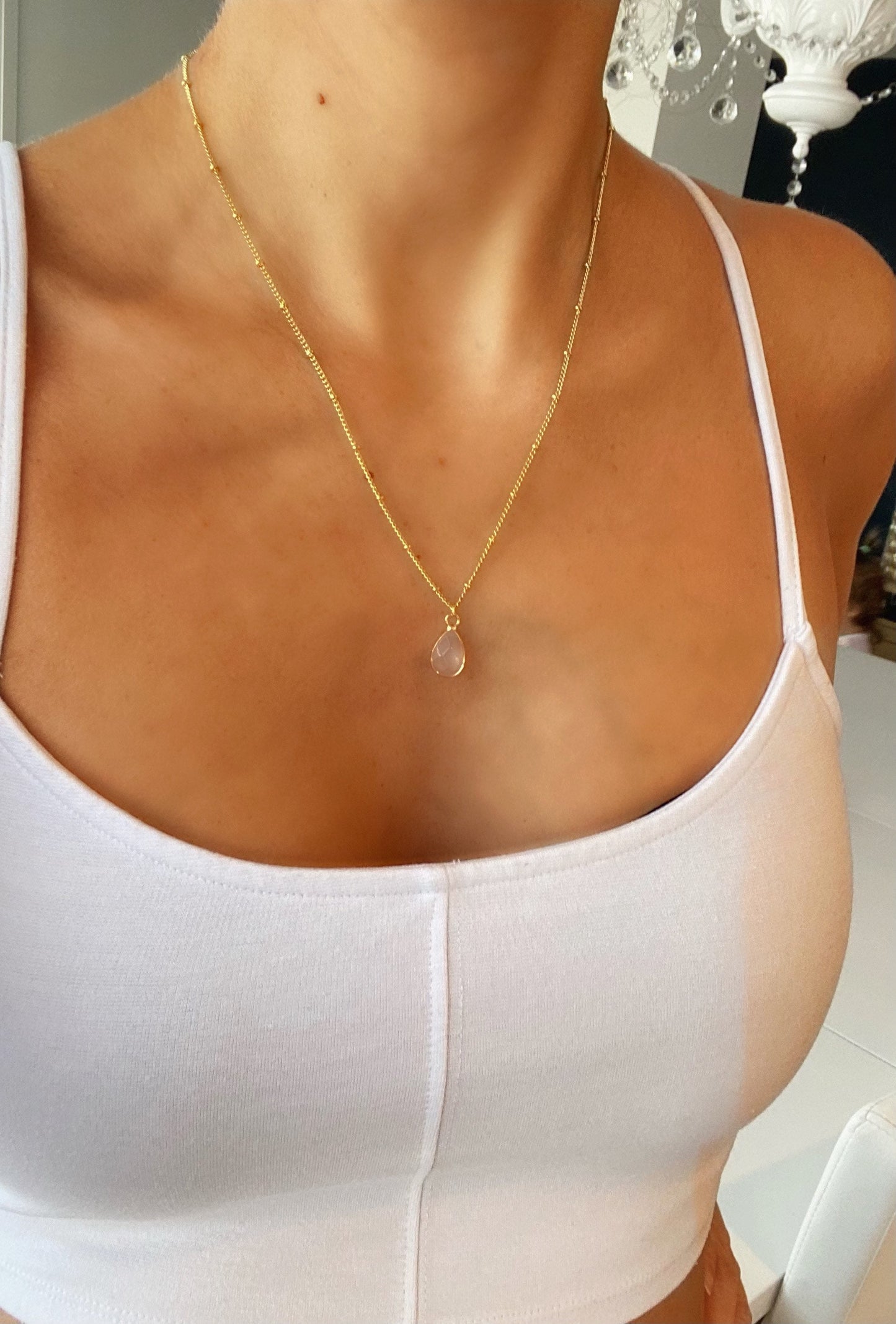 Gold Teardrop satellite chain crystal necklace, rose Quartz teardrop pendant, love necklace, 14kt gold satellite chain, healing necklace