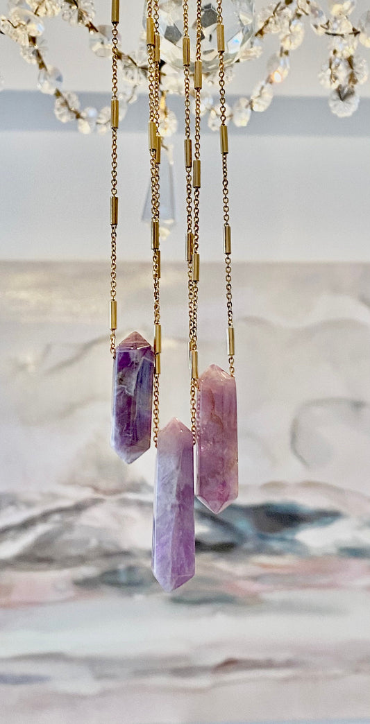 Long gold crystal necklace, satellite chain, stainless steel, prism pendant, amethyst natural stone necklace, healing necklace
