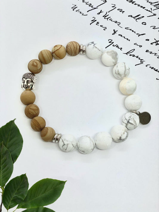 Natural stone beaded bracelet, Howlite and Jasper stone bracelet, bouddha charm and stone bracelet, calming bracelet