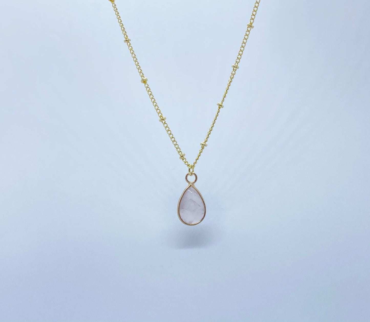 Gold Teardrop satellite chain crystal necklace, rose Quartz teardrop pendant, love necklace, 14kt gold satellite chain, healing necklace