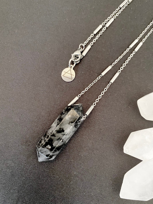 Long silver crystal necklace, double point Tourmalinated Quartz pendant, natural stone pendant, satellite chain, stainless steel