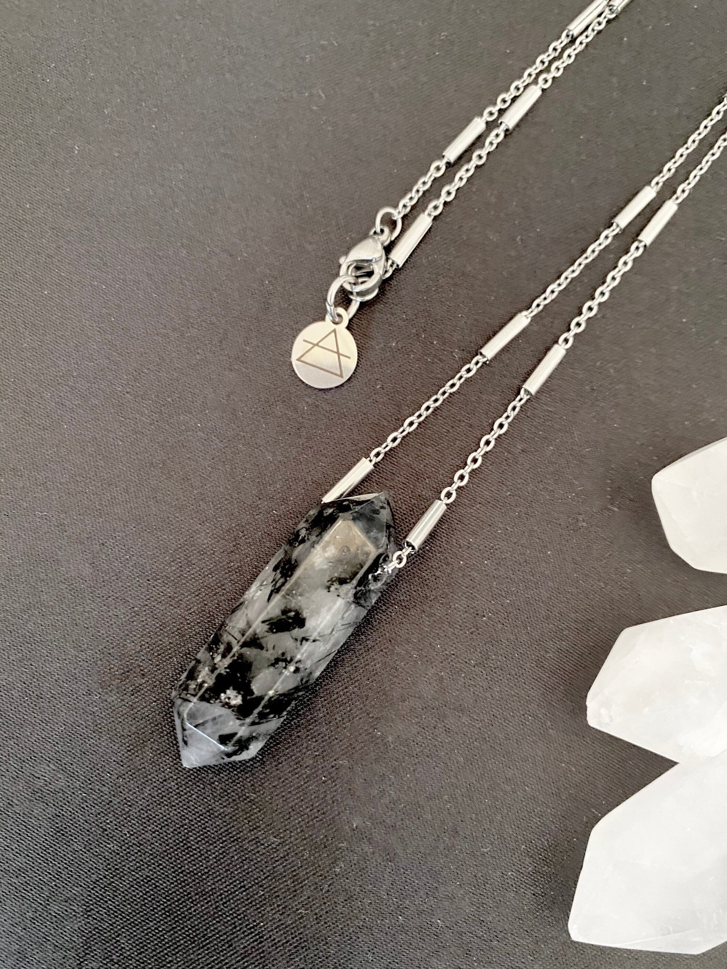 Long silver crystal necklace, double point Tourmalinated Quartz pendant, natural stone pendant, satellite chain, stainless steel
