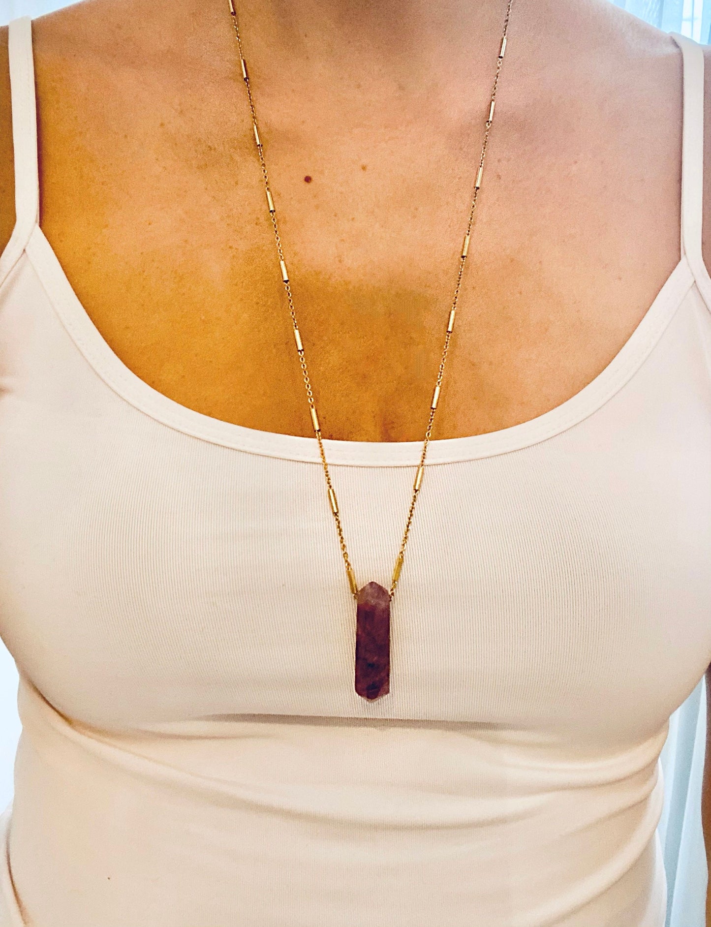 Long gold crystal necklace, satellite chain, stainless steel, prism pendant, amethyst natural stone necklace, healing necklace