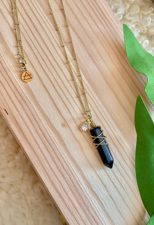 Long gold crystal necklace, satellite chain, 14kt, black agate stone pendant, wire wrapped stone, protection, healing necklace, rhinestone