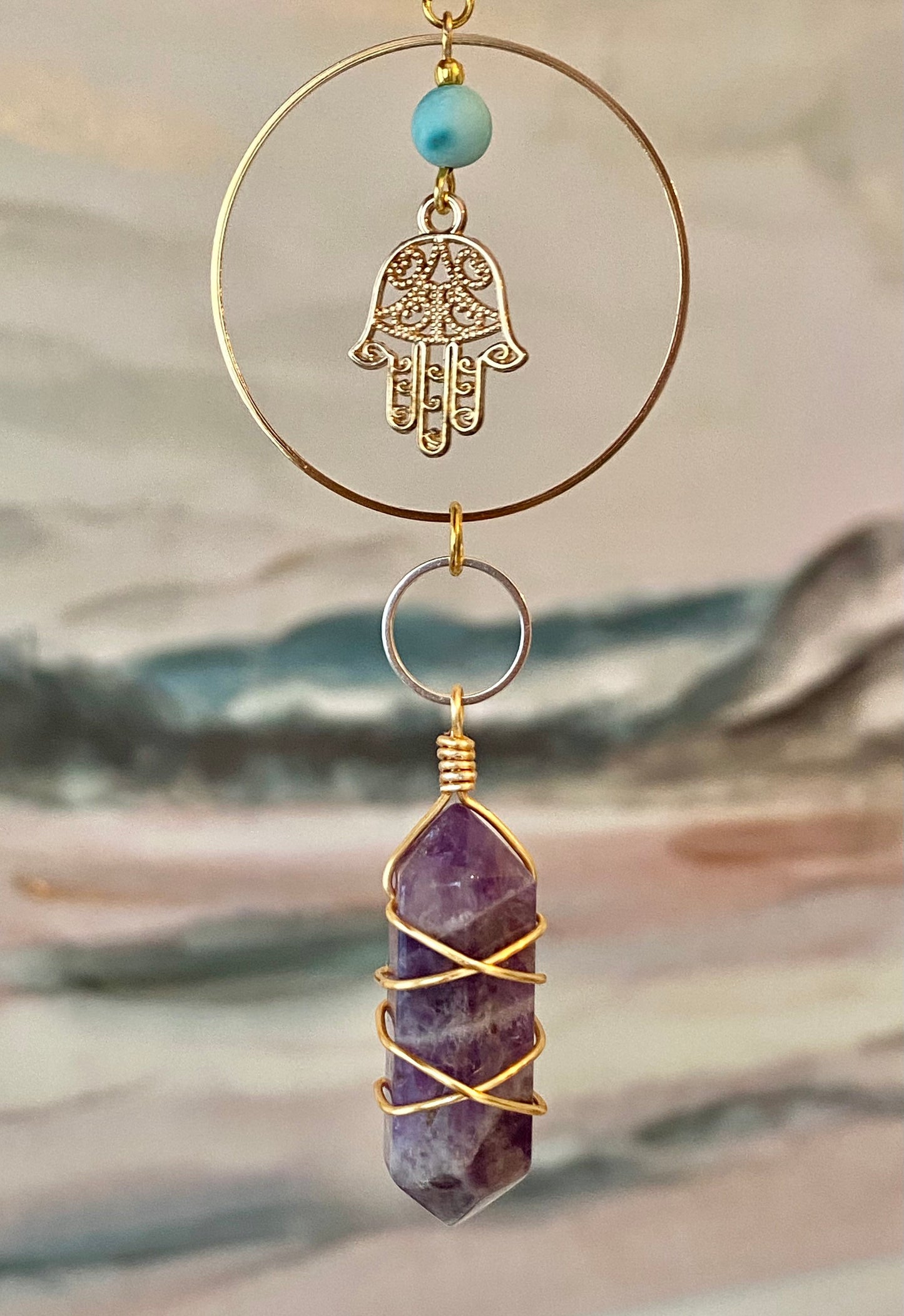 Gold Wall hanging, protection wall art, hamsa, amethyst, turquoise stone, crystal mobile