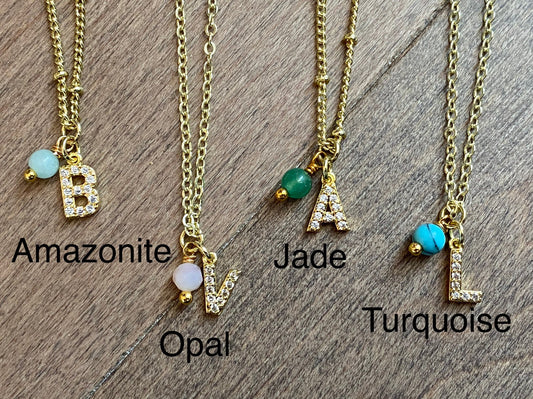 Gold initial necklace with natural stone