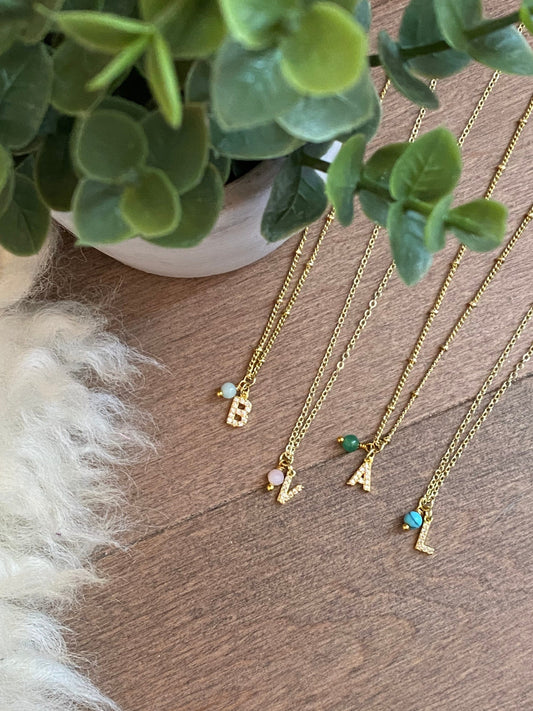 Gold initial necklace with natural stone