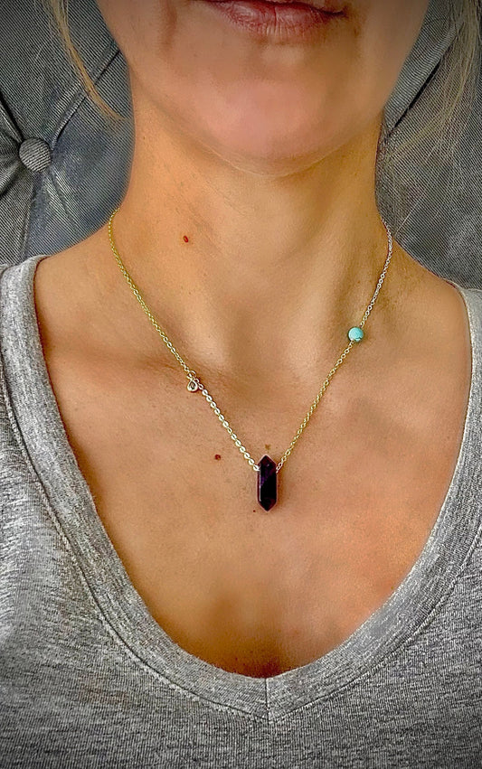 Gold Amethyst and turquoise necklace