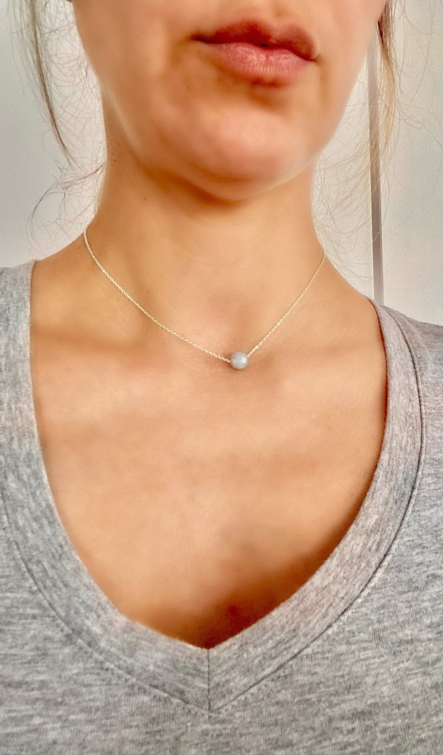 Minimalist crystal necklace, delicate faceted aquamarine stone necklace, stainless steel